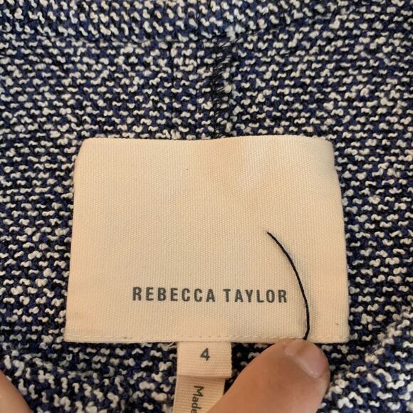 Rebecca Taylor Jacket Womens 4 Blue White Tweed Fringed Trim Full Zip Peplum - Picture 7 of 11